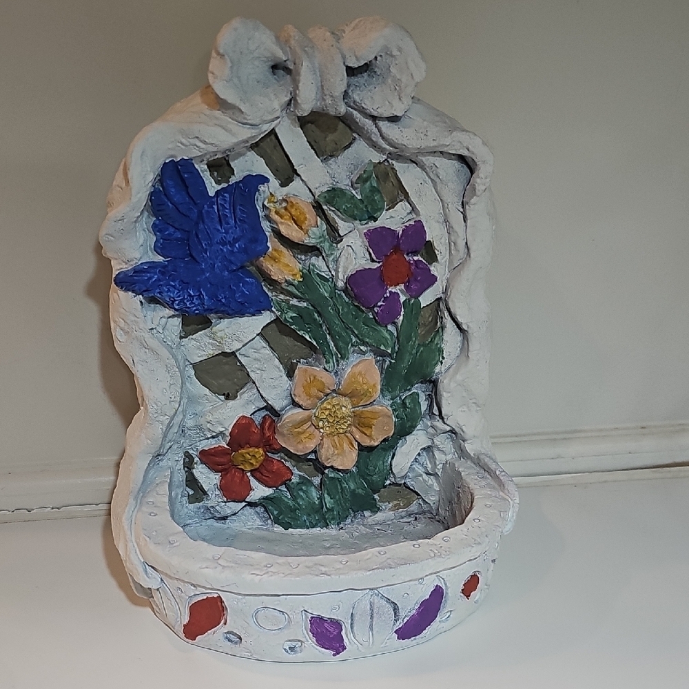 Whimsical Hummingbird & Floral Clay Garden Wall Pocket Planter Handpainted 3D